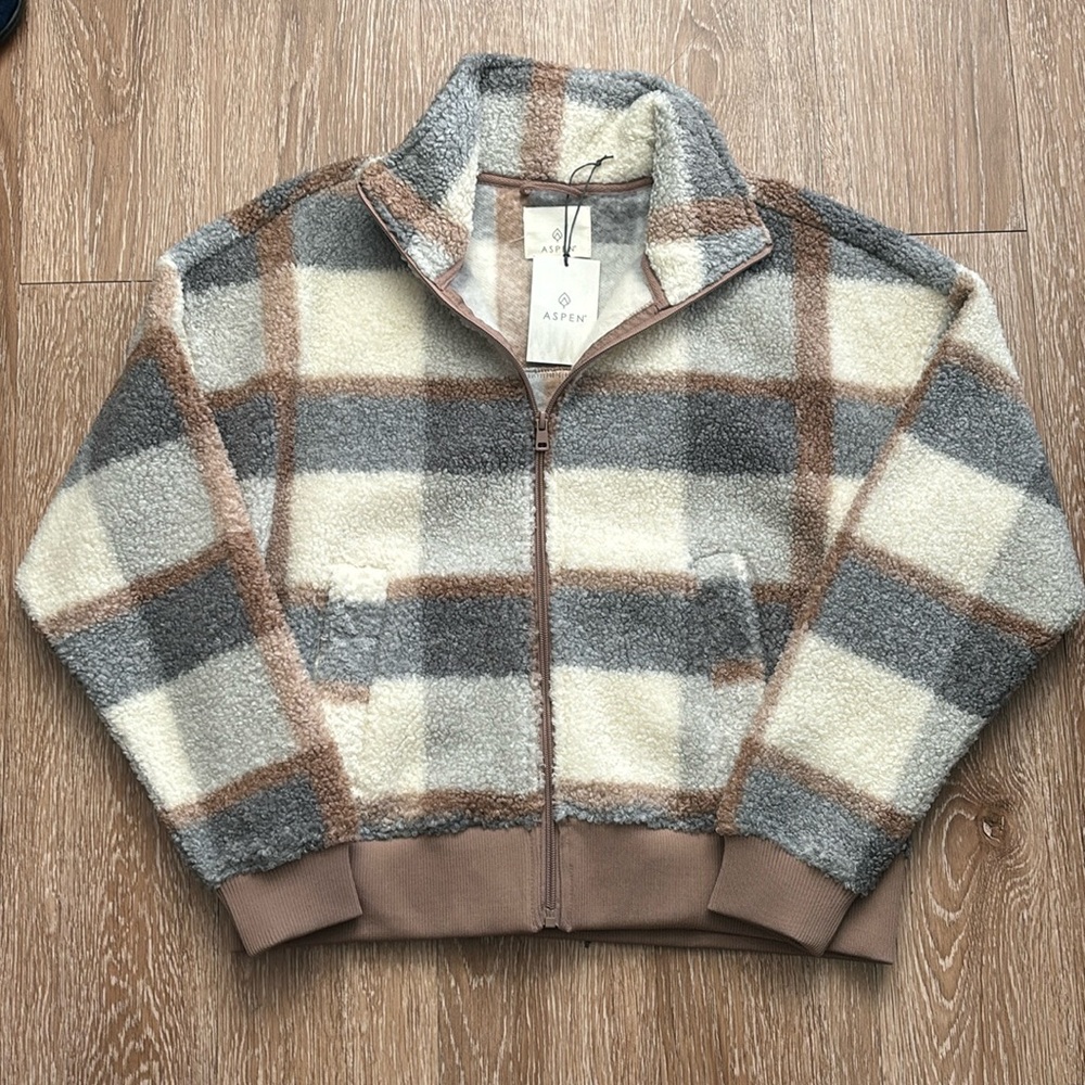 New! Aspen plaid teddy/sherpa fleece bomber jacket, cream/gray/tan, size small